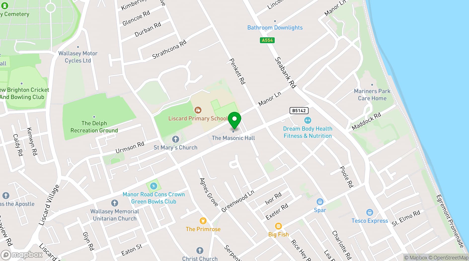 Map showing Wallasey Masonic Hall