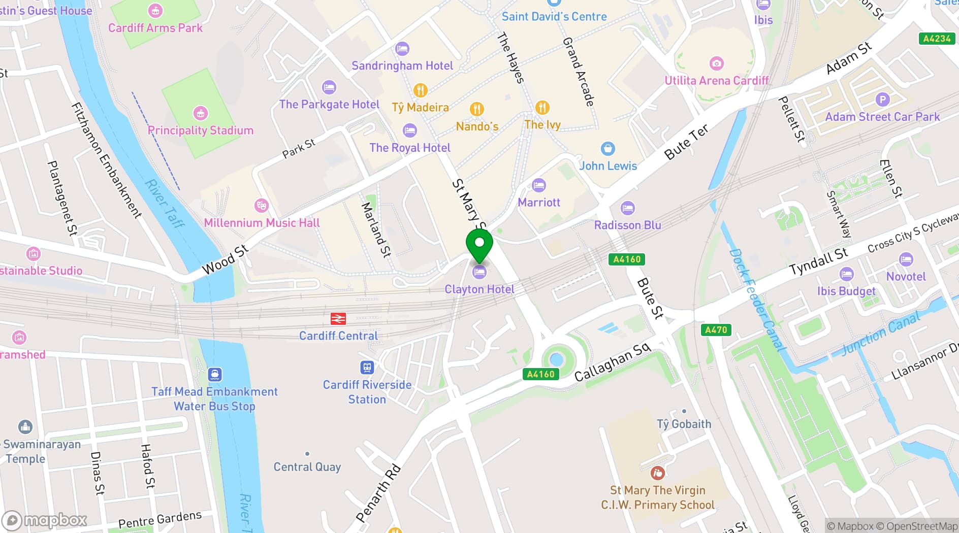 Map showing Clayton Hotel Cardiff