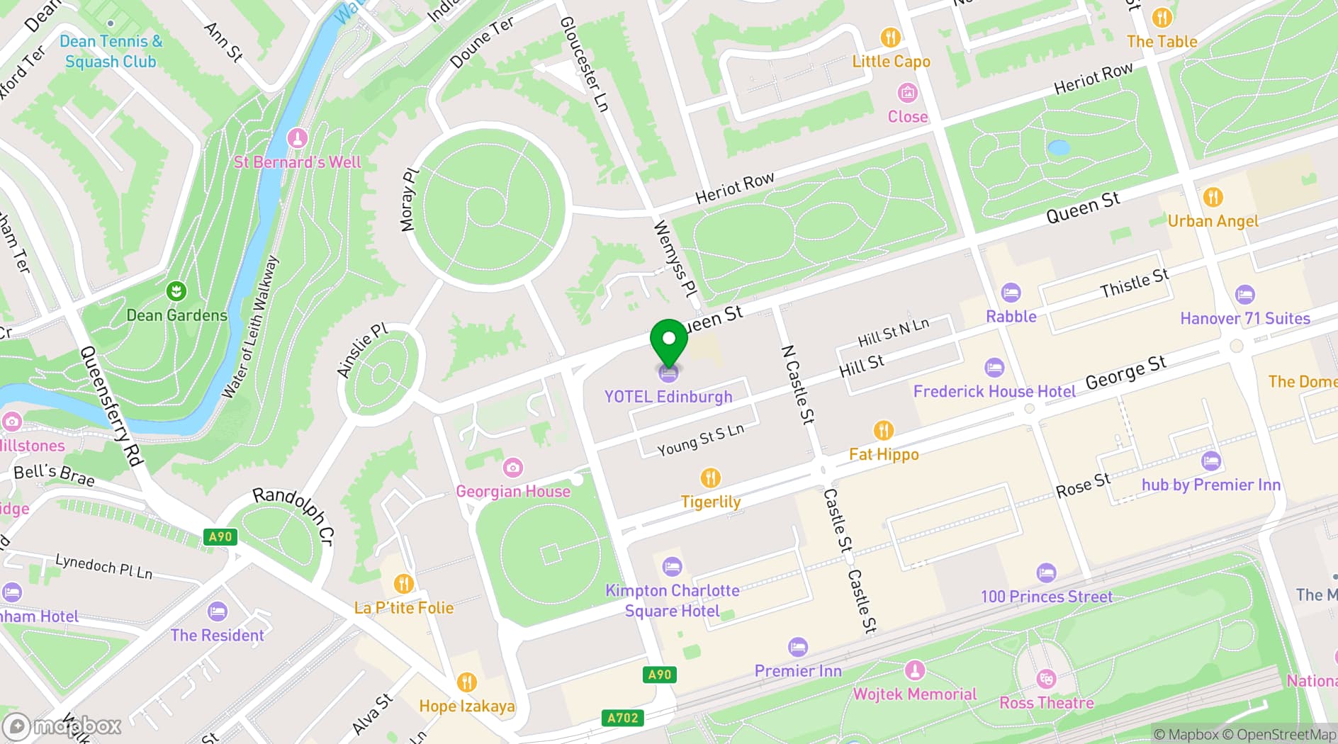 Map showing YOTEL Edinburgh