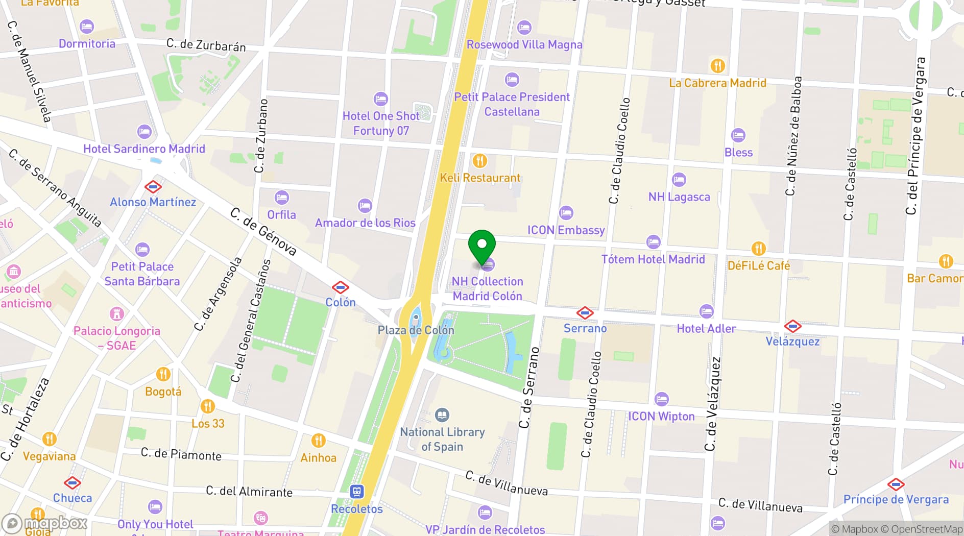Map showing NH Collection Madrid Colón