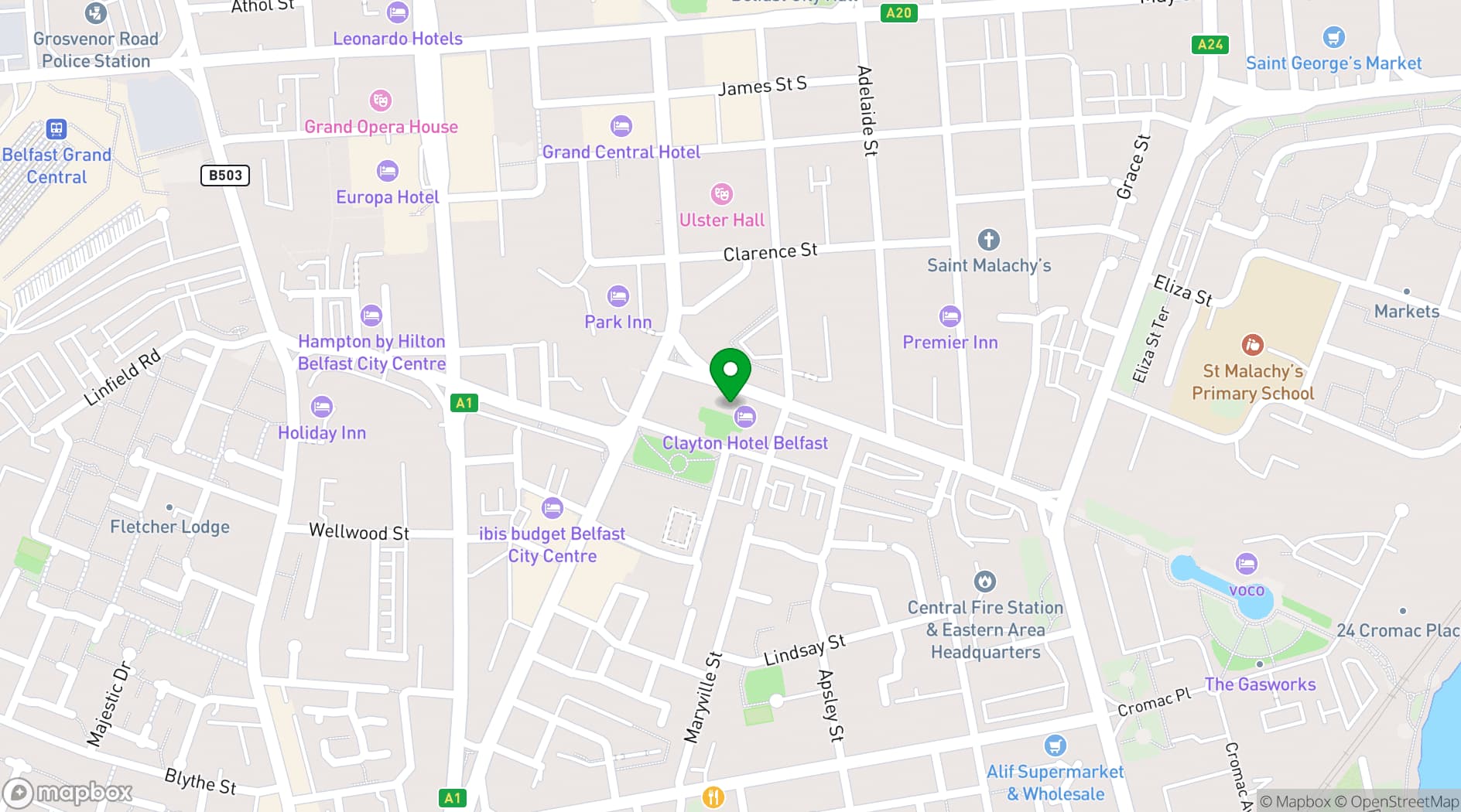 Map showing Clayton Hotel Belfast