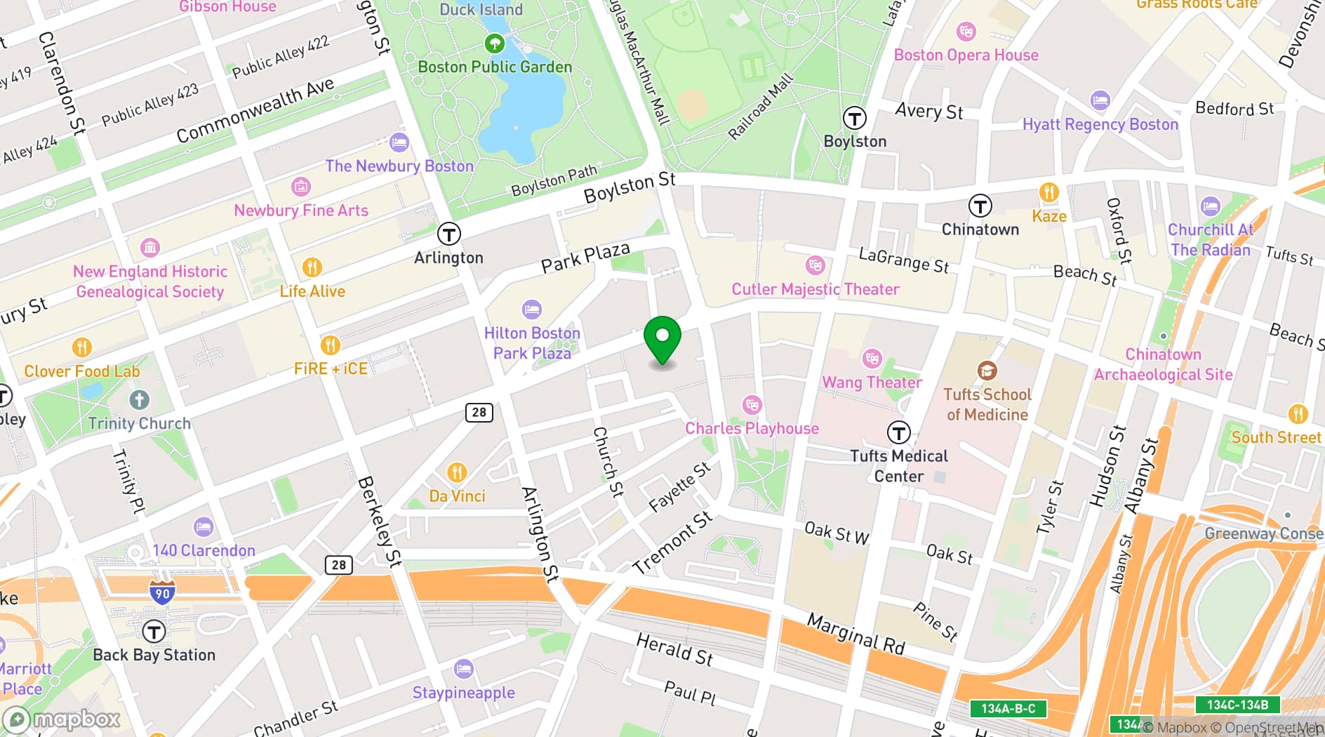 Map showing Revere Hotel Boston Common