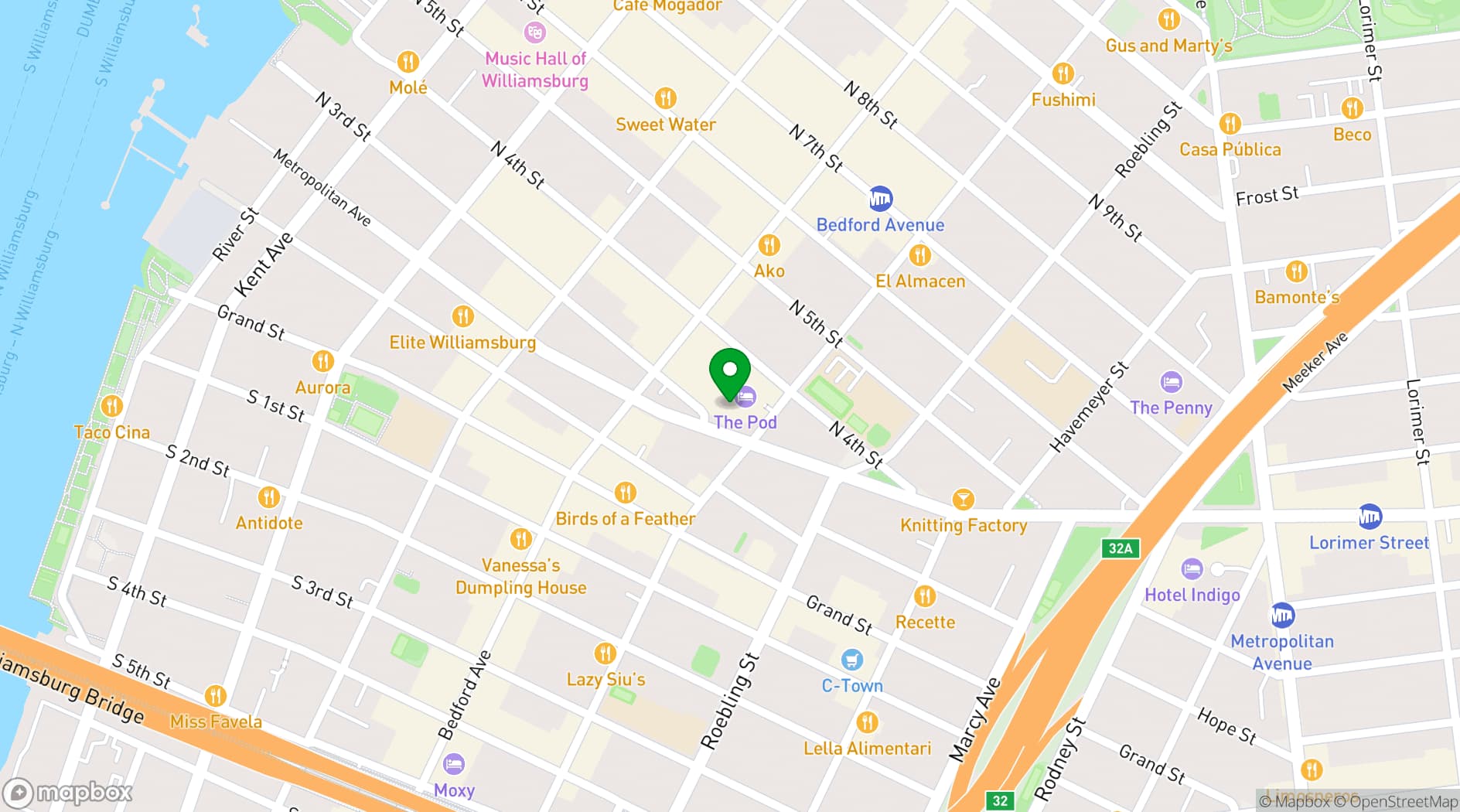 Map showing Clinton Hall - Williamsburg