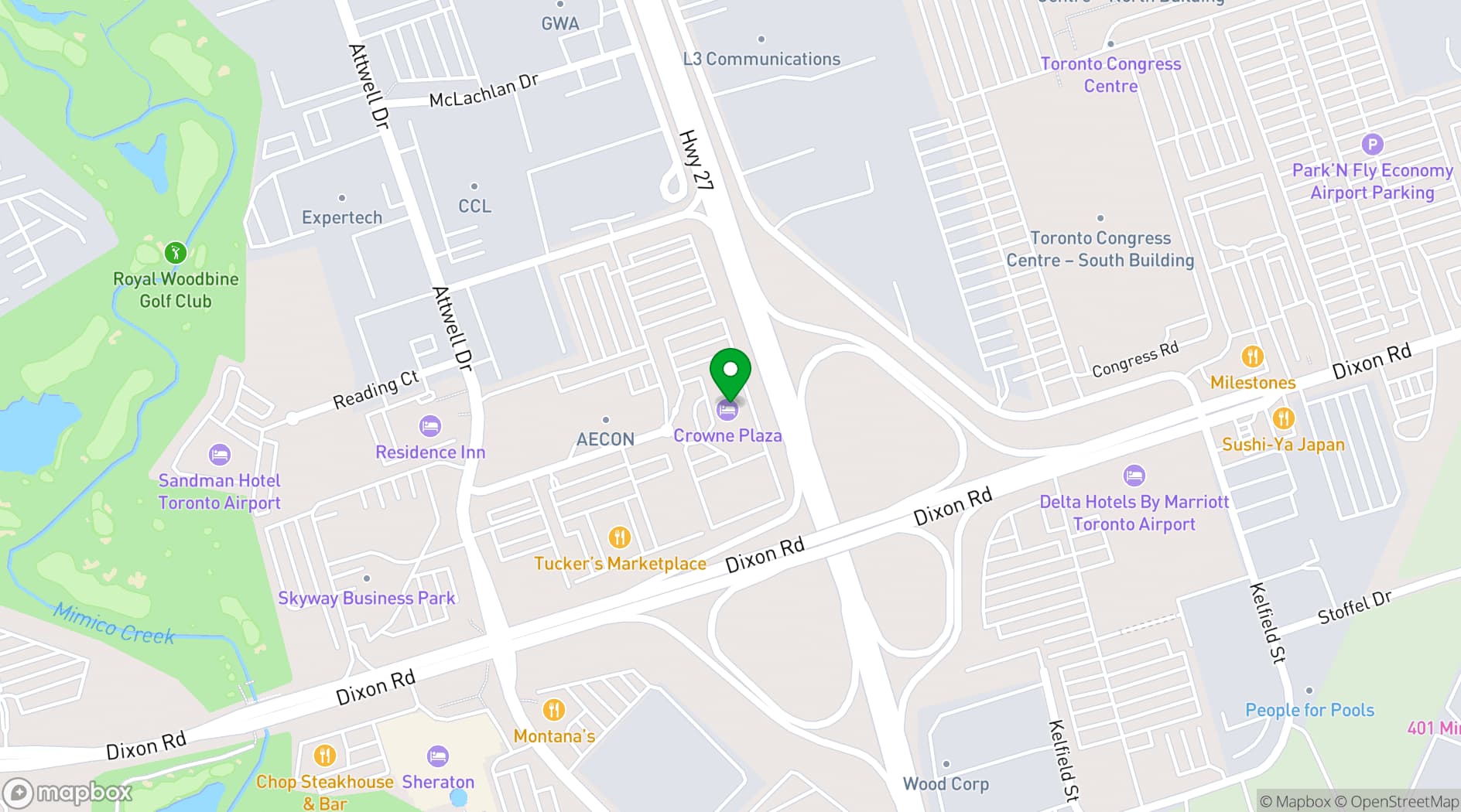 Map showing Crowne Plaza Toronto Airport