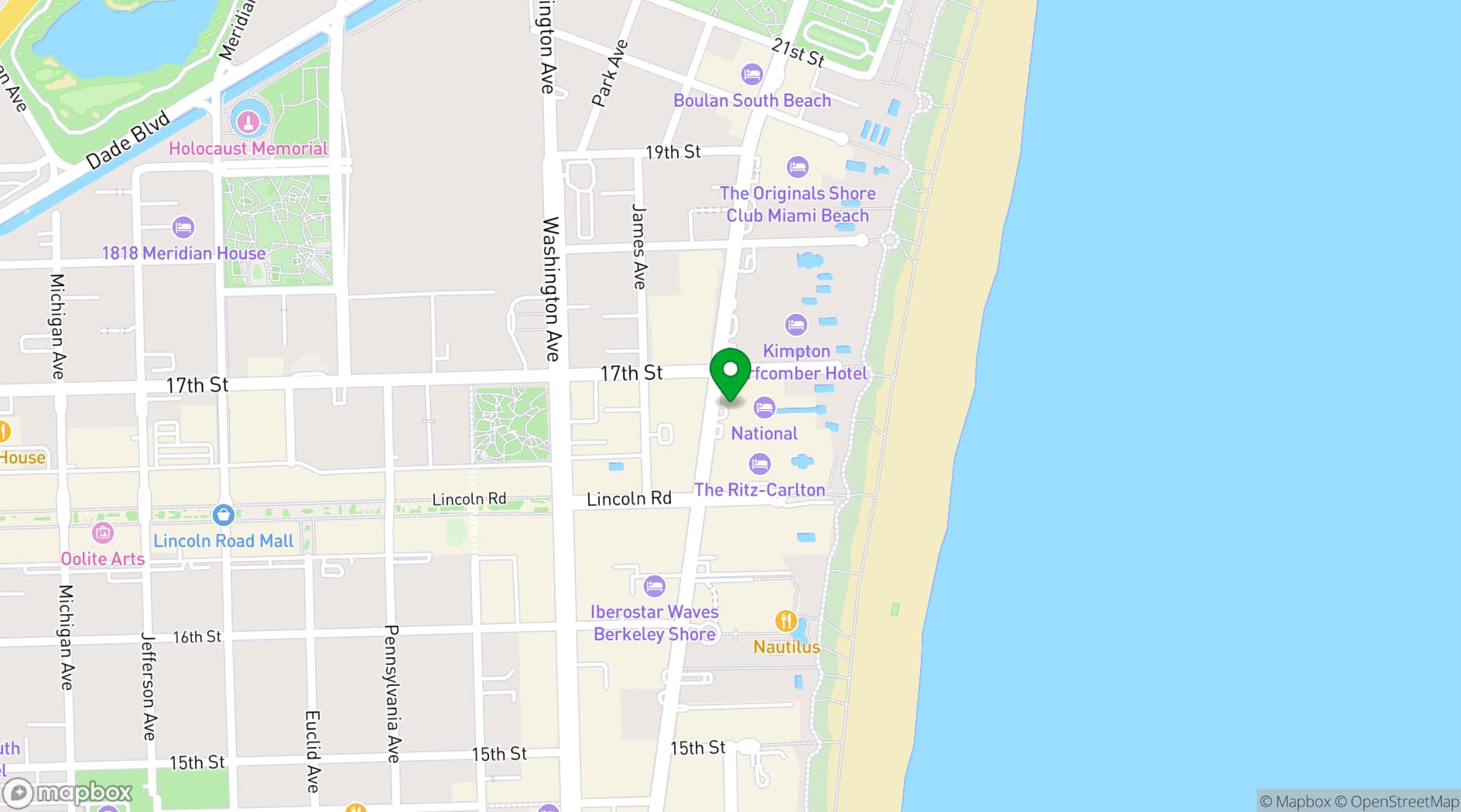 Map showing National Hotel Miami Beach