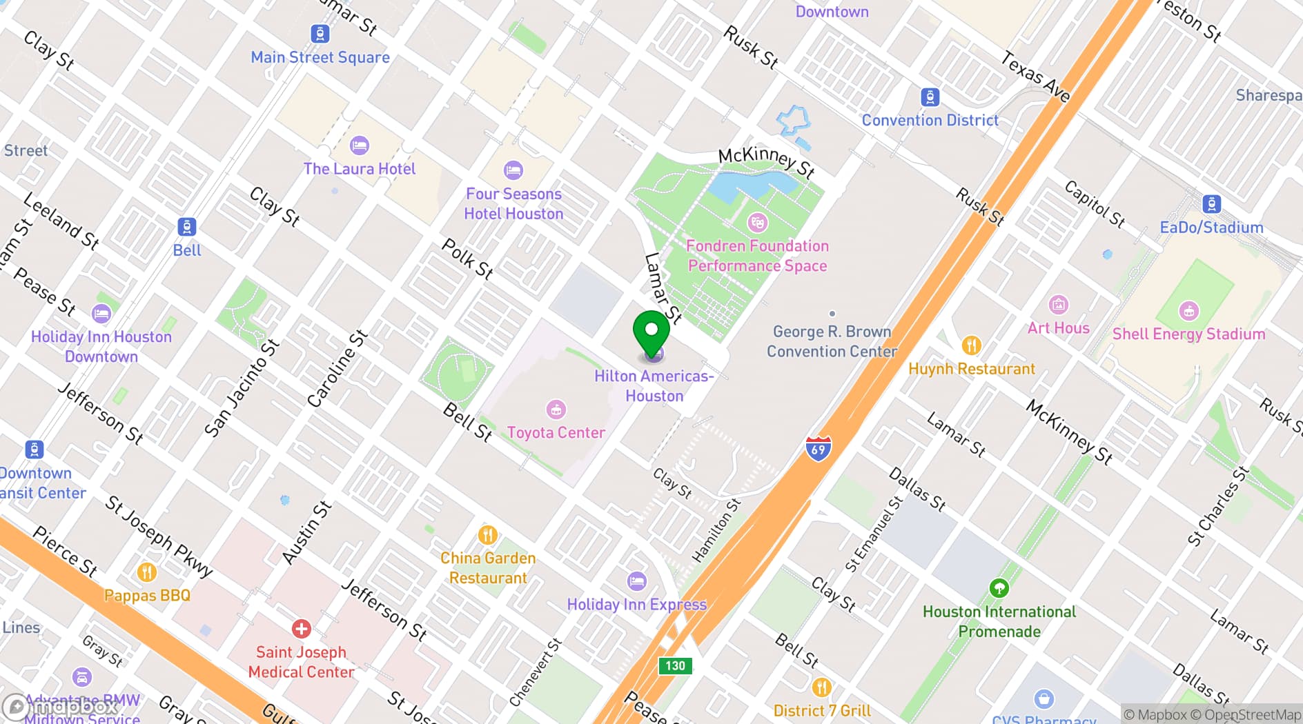 Map showing Hilton Americas Houston
