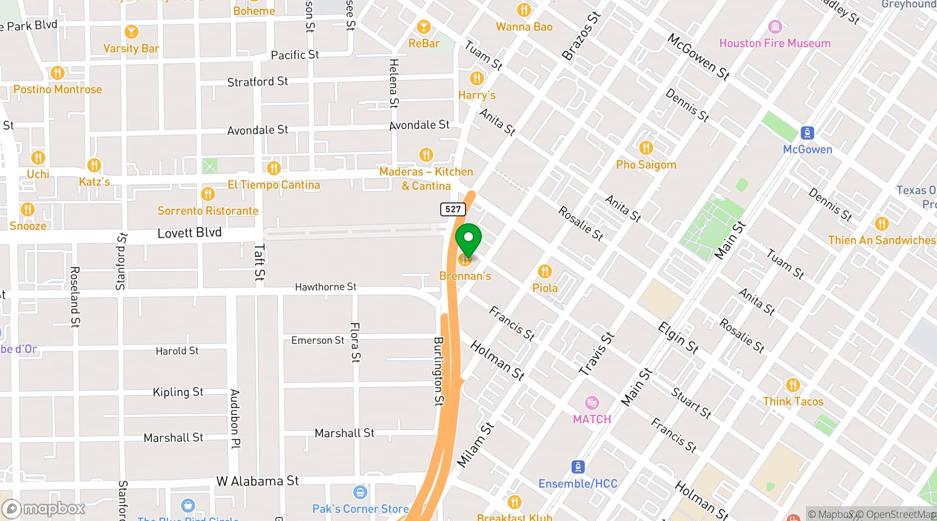 Map showing Brennan's of Houston