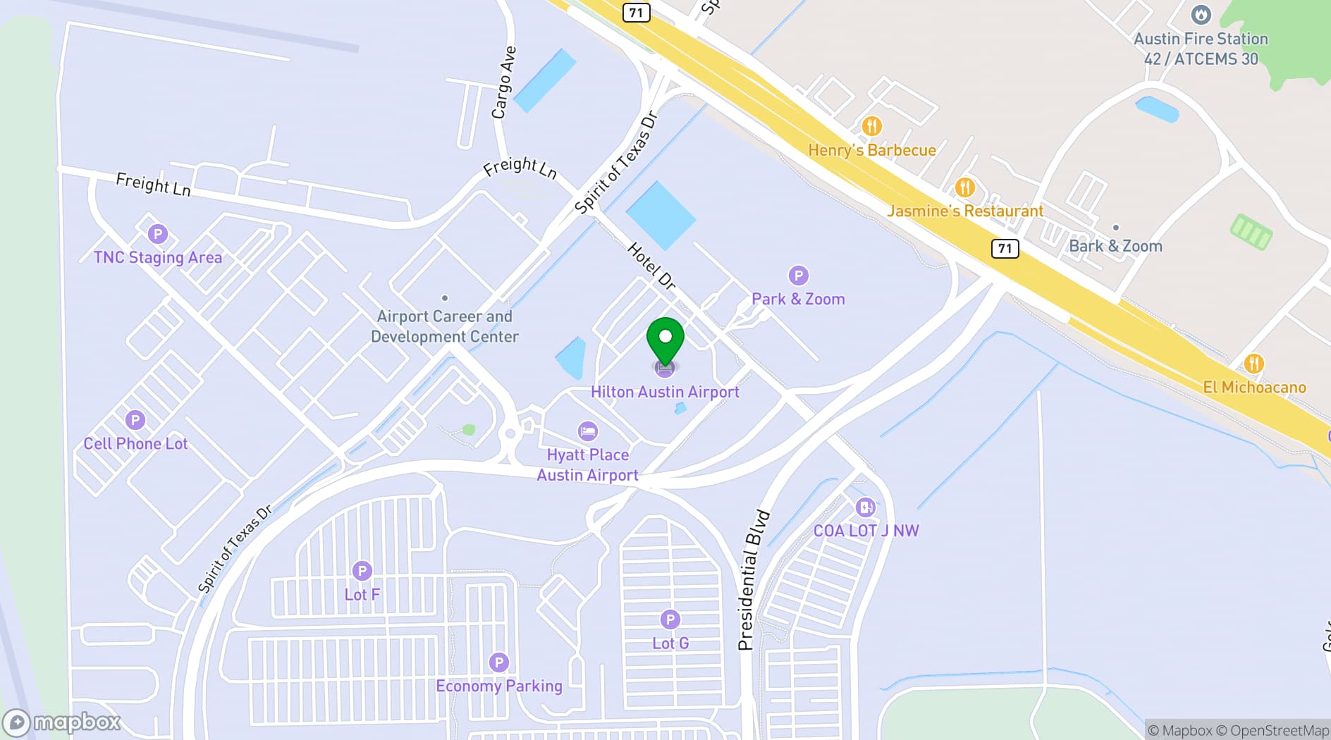 Map showing Hilton Austin Airport