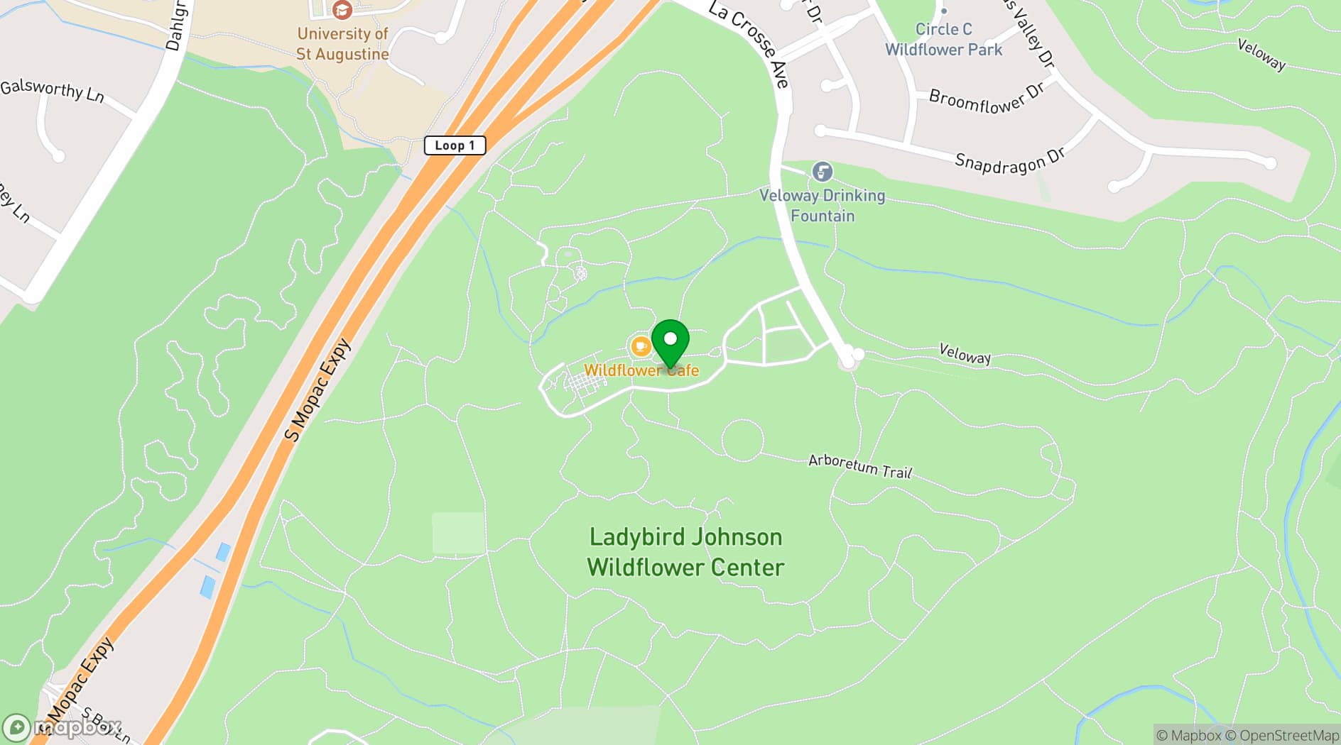Map showing Lady Bird Johnson Wildflower Center