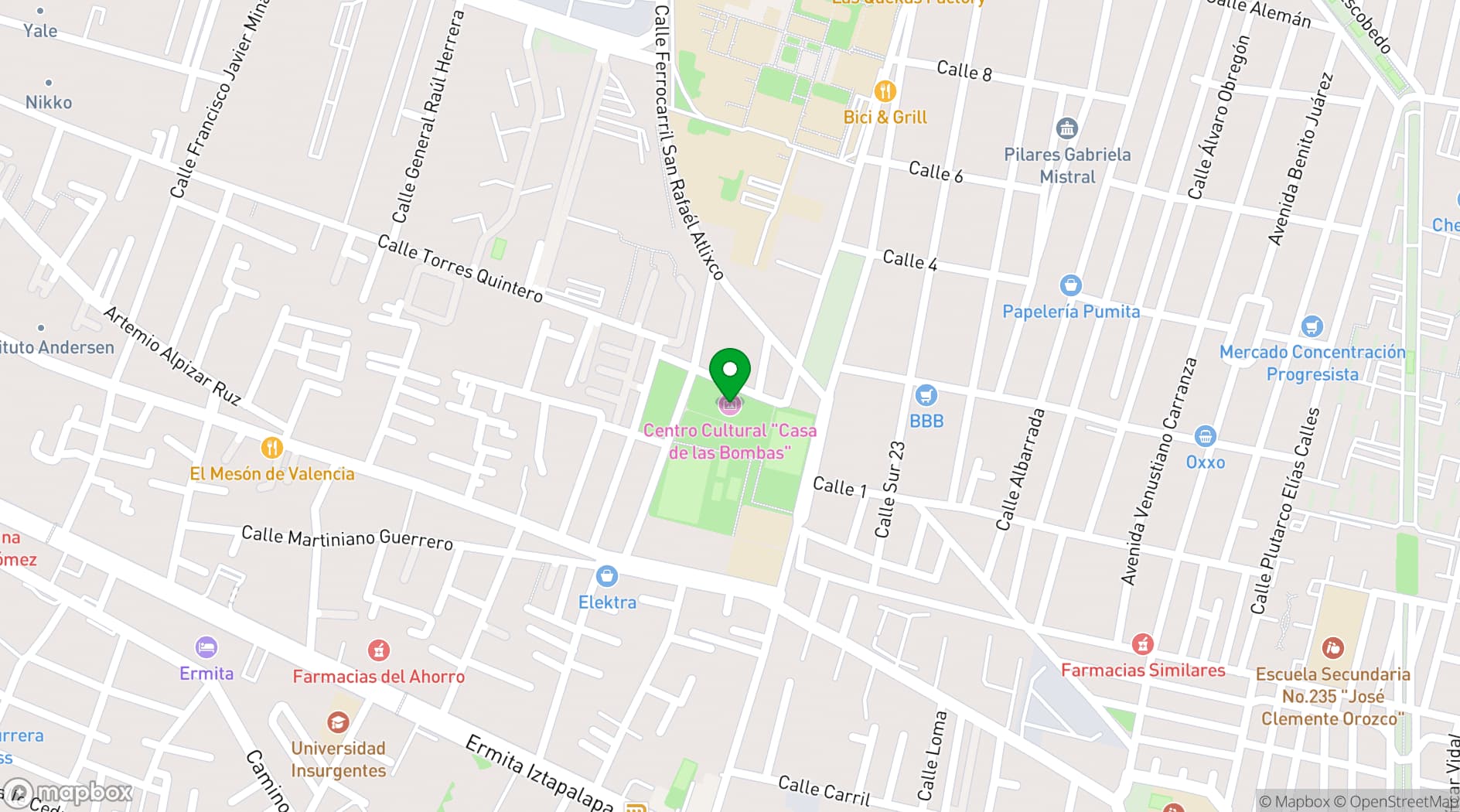 Map showing Casa de Las Bombas Cultural Center