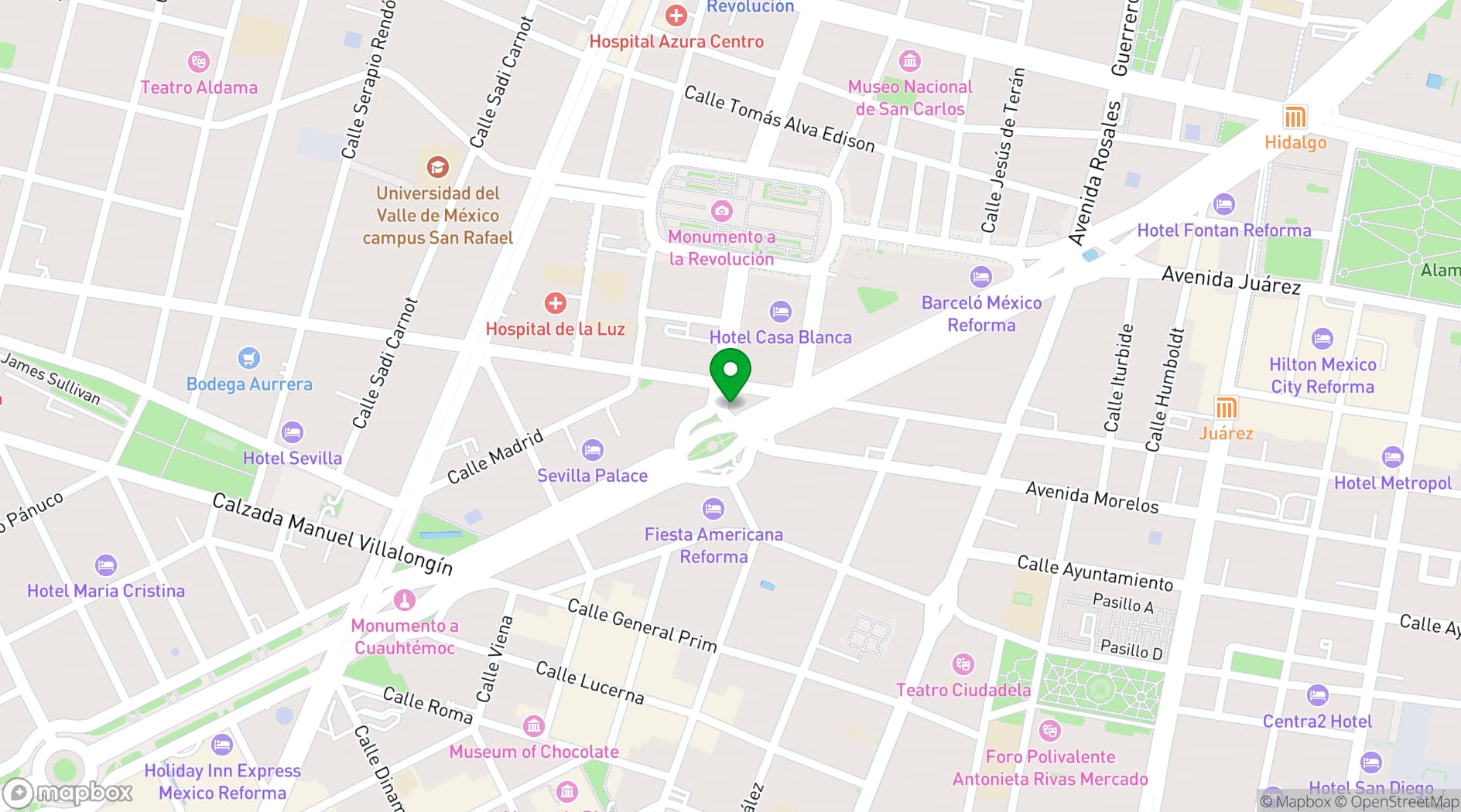 Map showing Le Méridien Mexico City