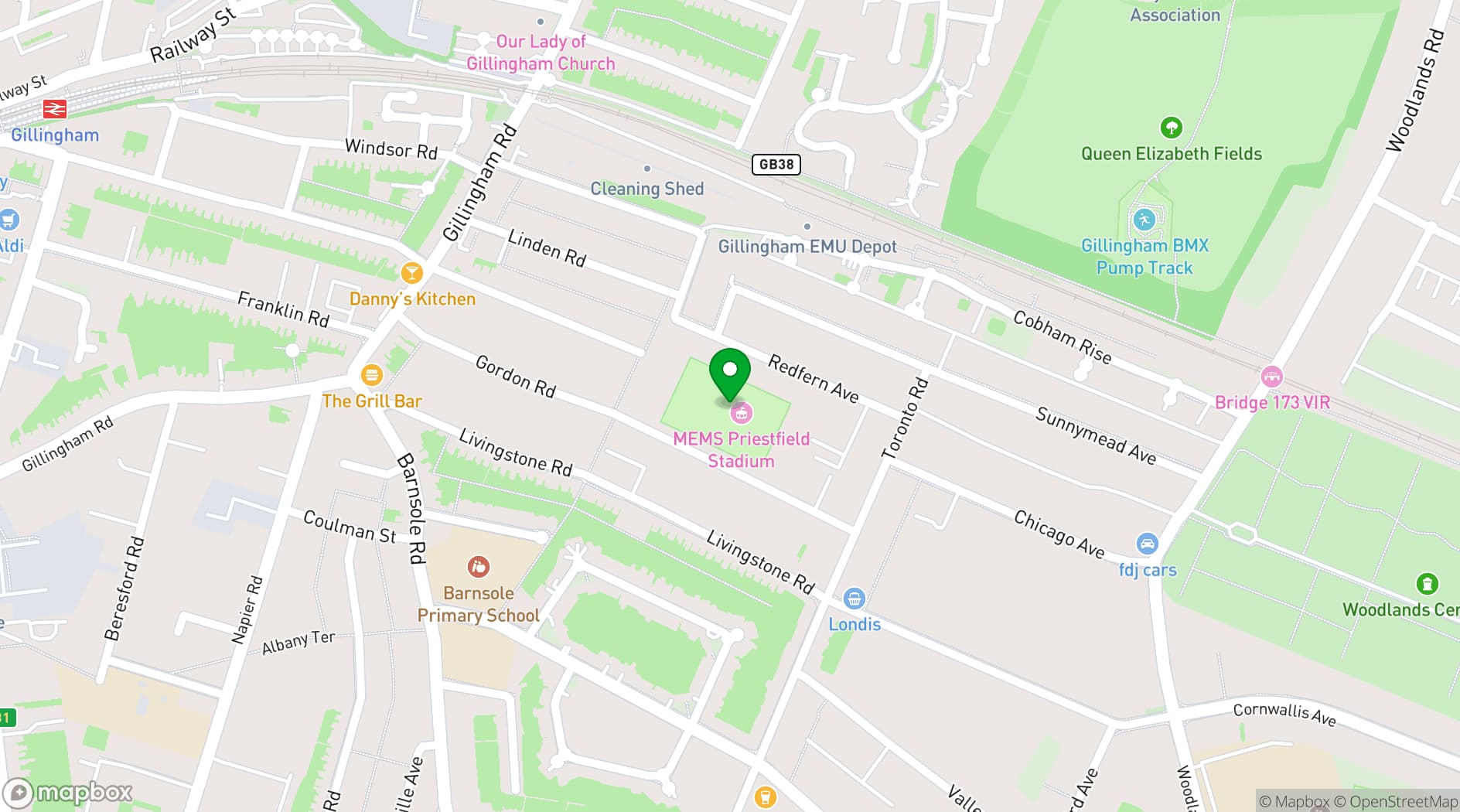 Map showing Priestfield Stadium