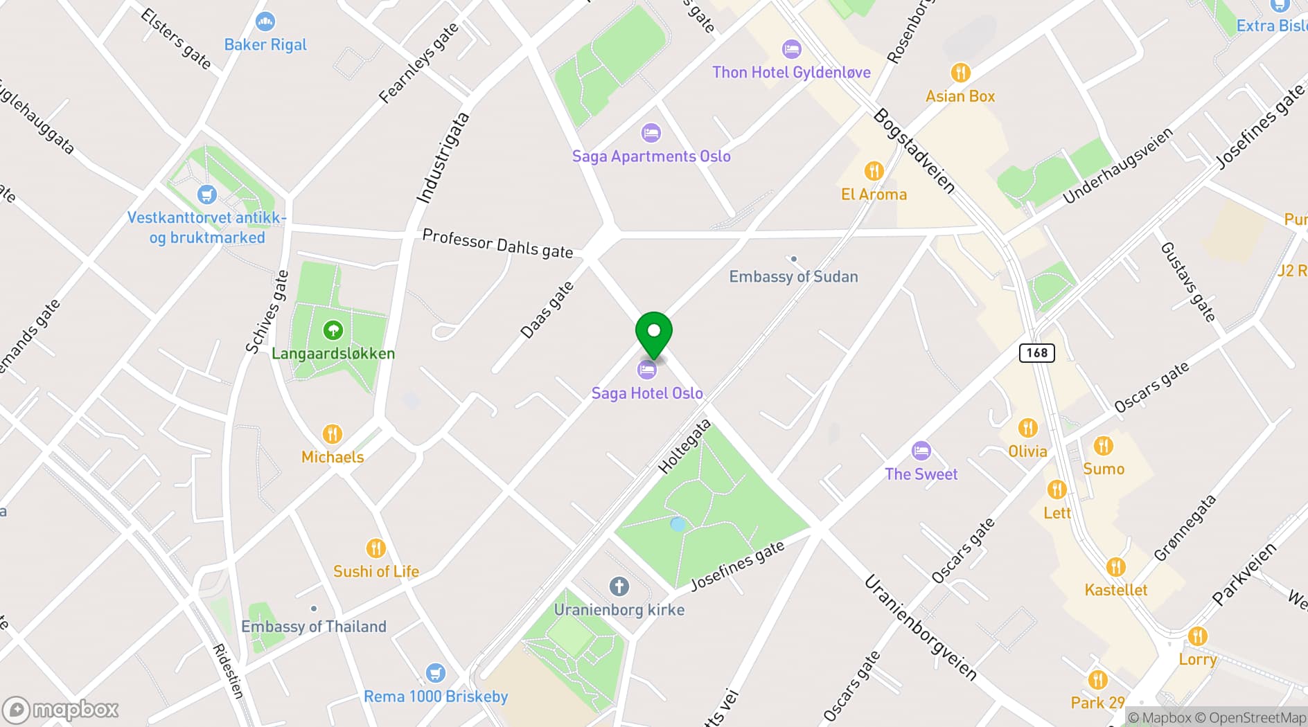 Map showing Saga Hotel Oslo