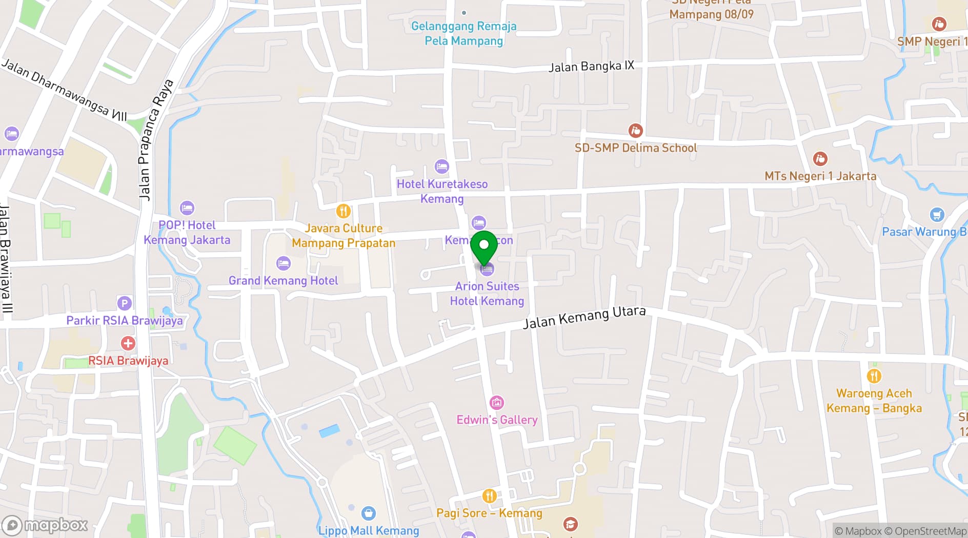 Map showing Arion Suites Hotel Kemang