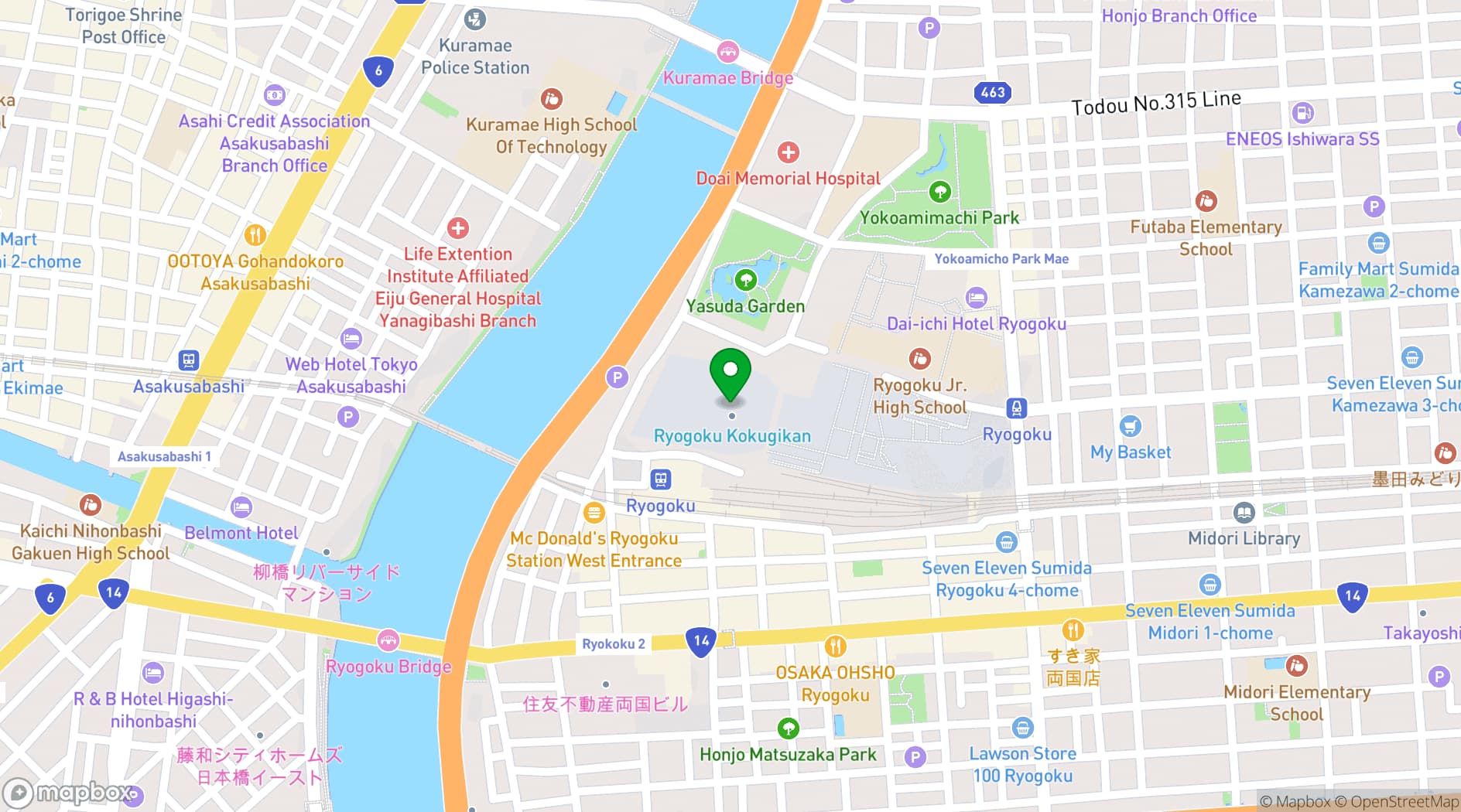 Map showing Kokugikan and Sumida Aquarium
