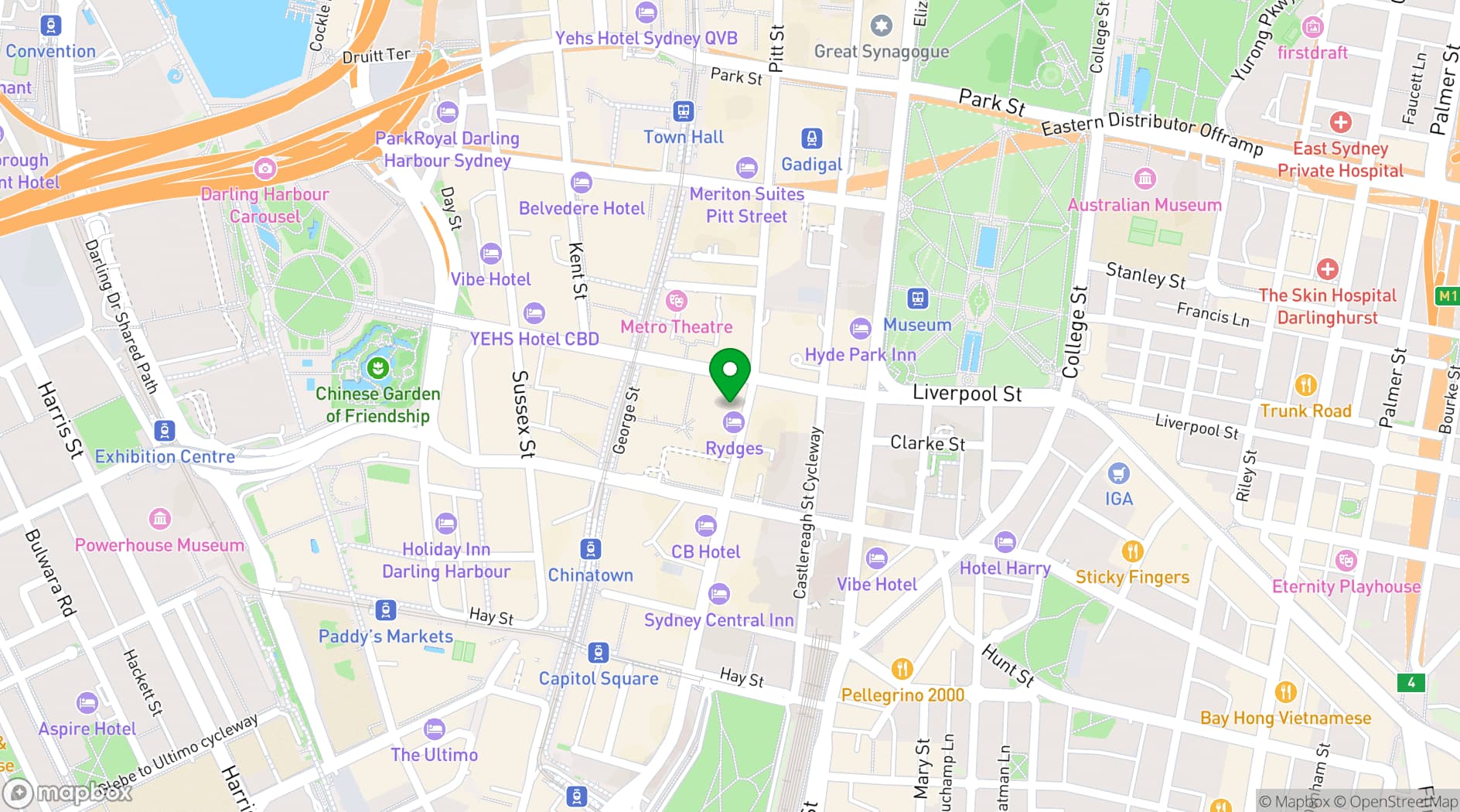 Map showing Rydges World Square