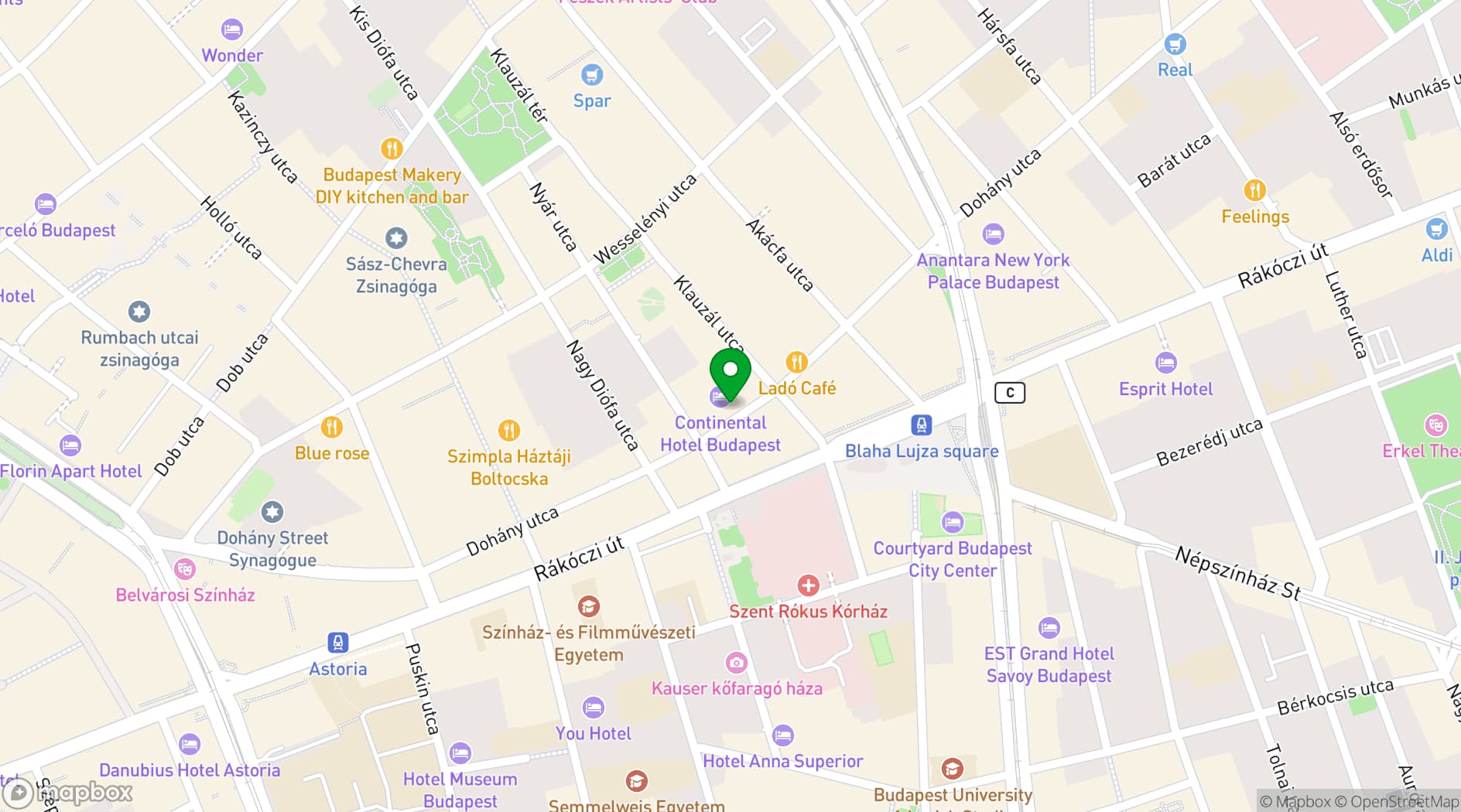 Map showing Continental Hotel Budapest