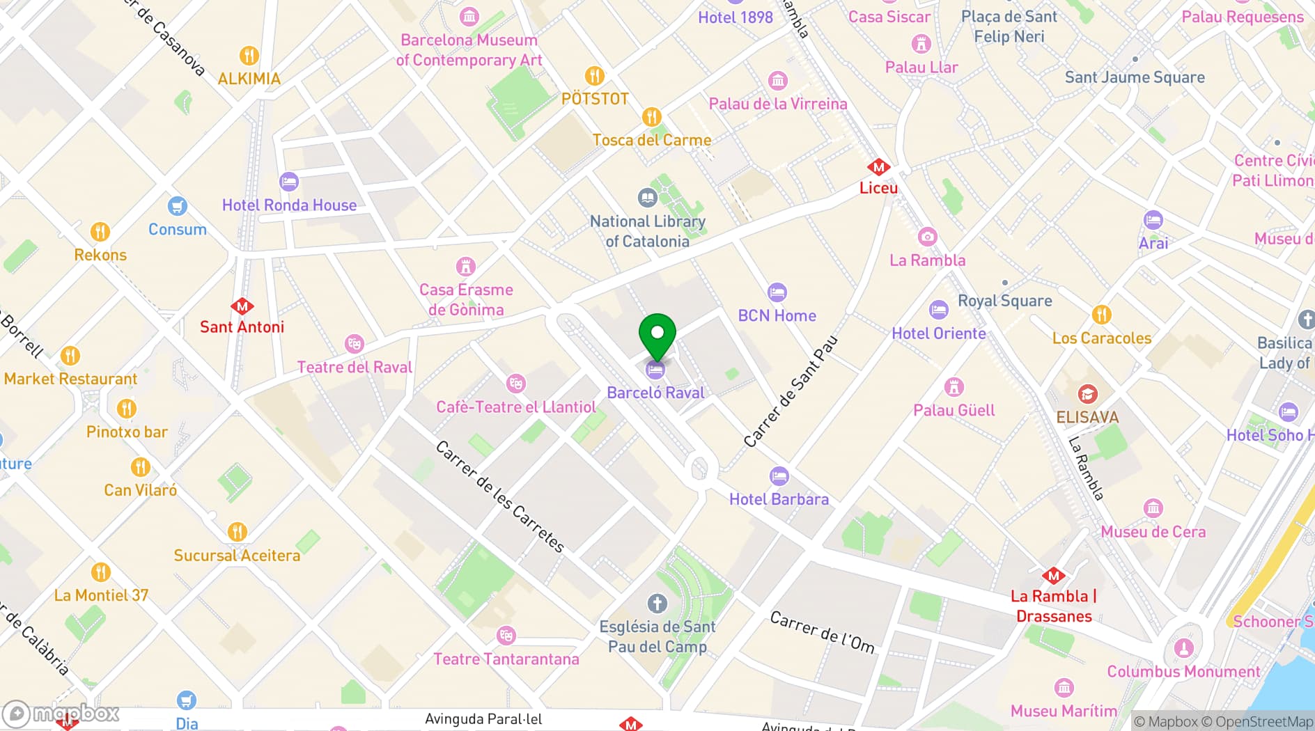 Map showing Hotel Barceló Raval Barcelona