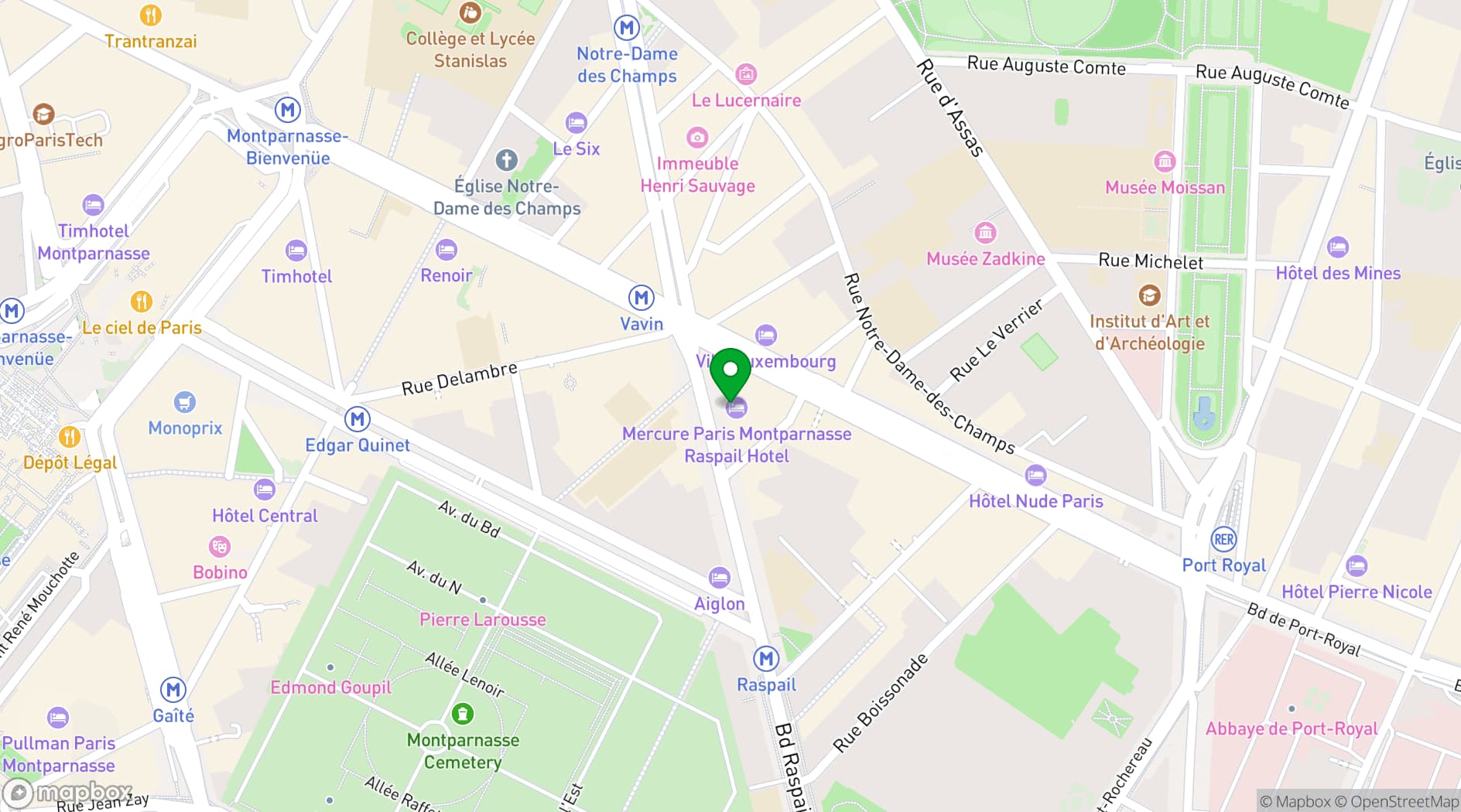 Map showing Hôtel Raspail Montparnasse