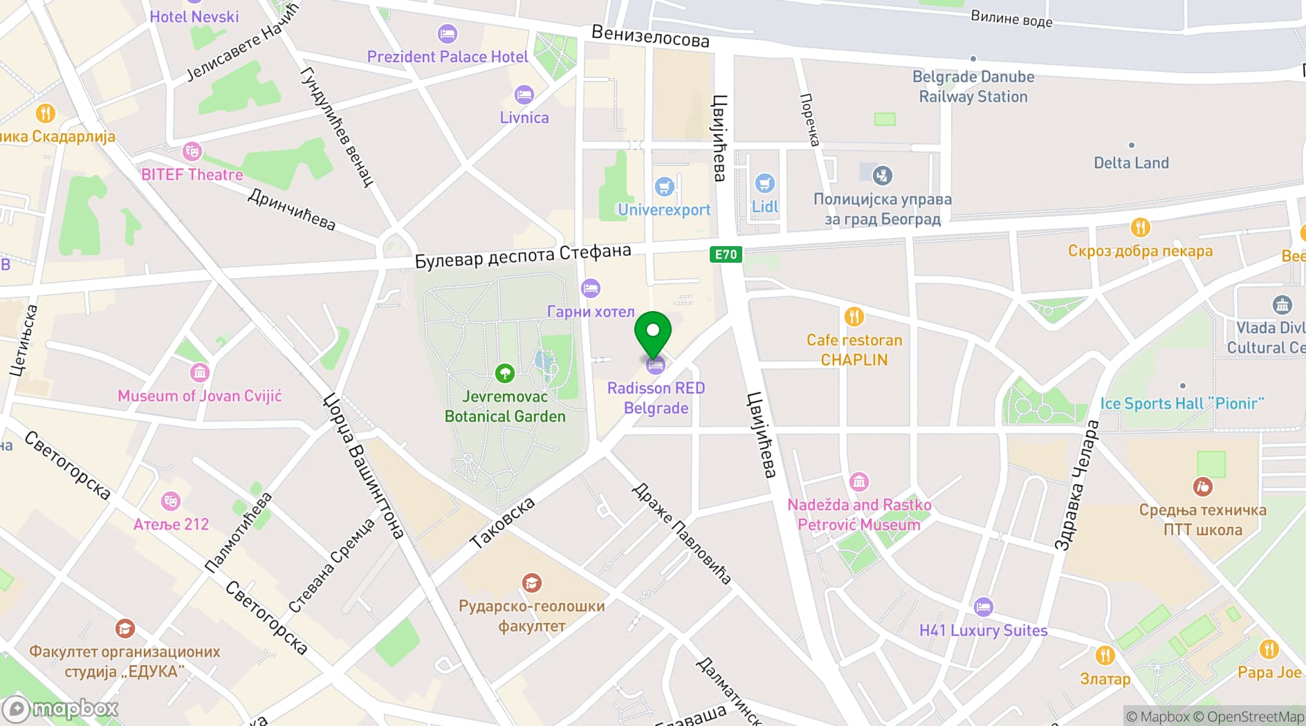 Map showing Radisson RED Belgrade