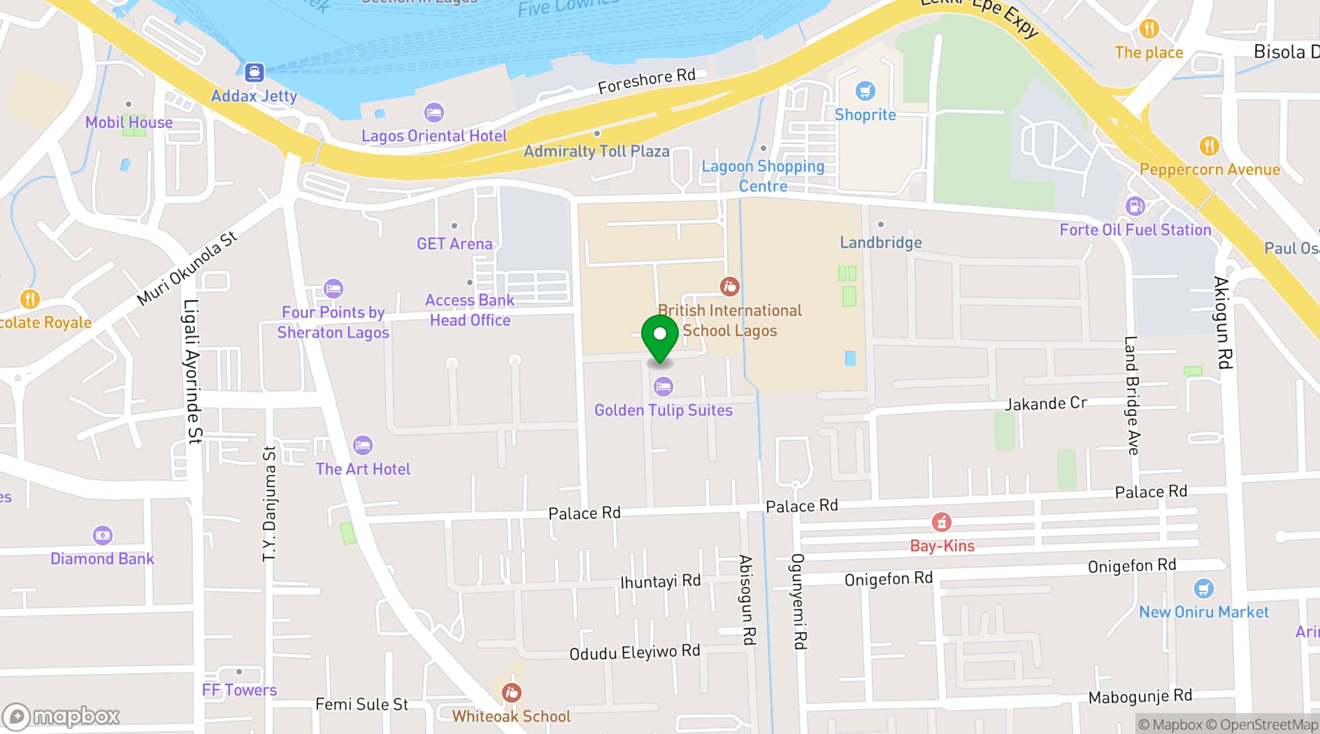 Map showing Golden Tulip Oniru Suites
