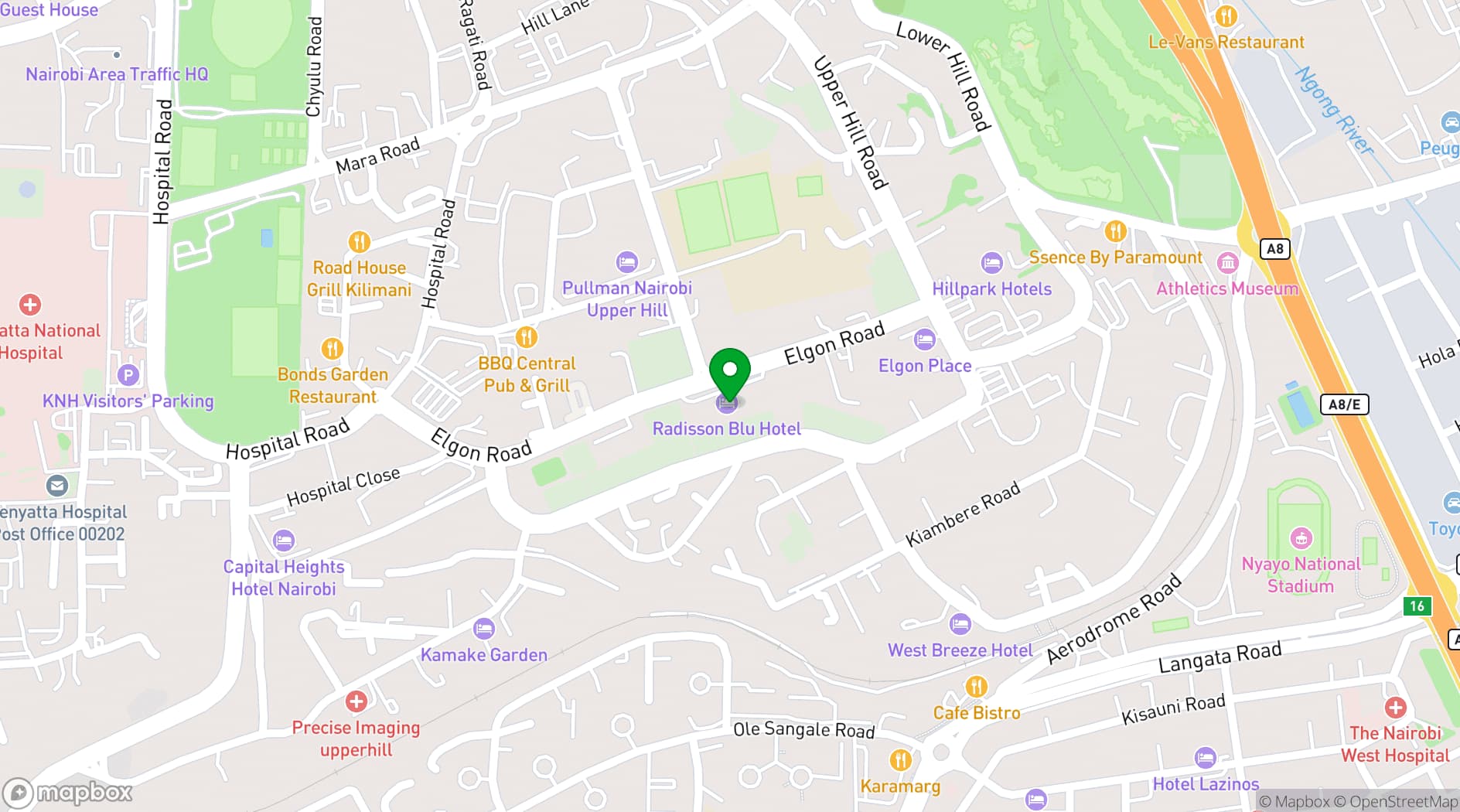 Map showing Radisson Blu Hotel Nairobi Upper Hill