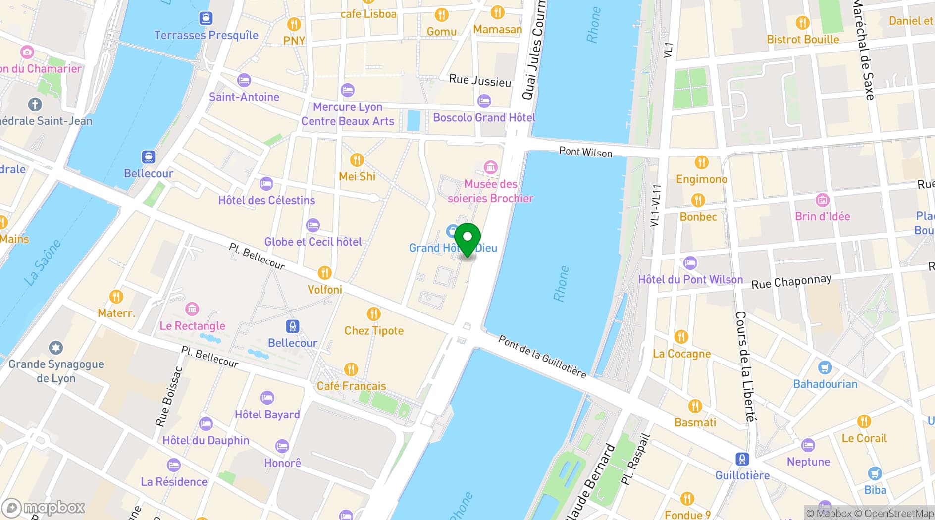 Map showing InterContinental Lyon Hotel Dieu