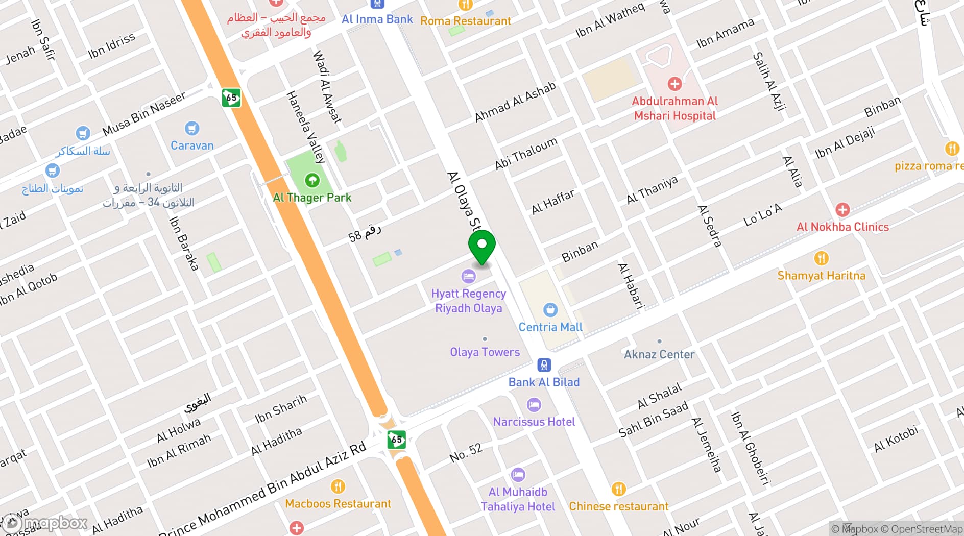 Map showing Hyatt Regency Riyadh Olaya