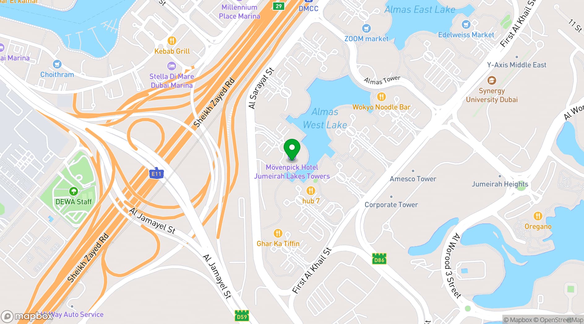 Map showing Mövenpick Jumeirah Lakes Towers
