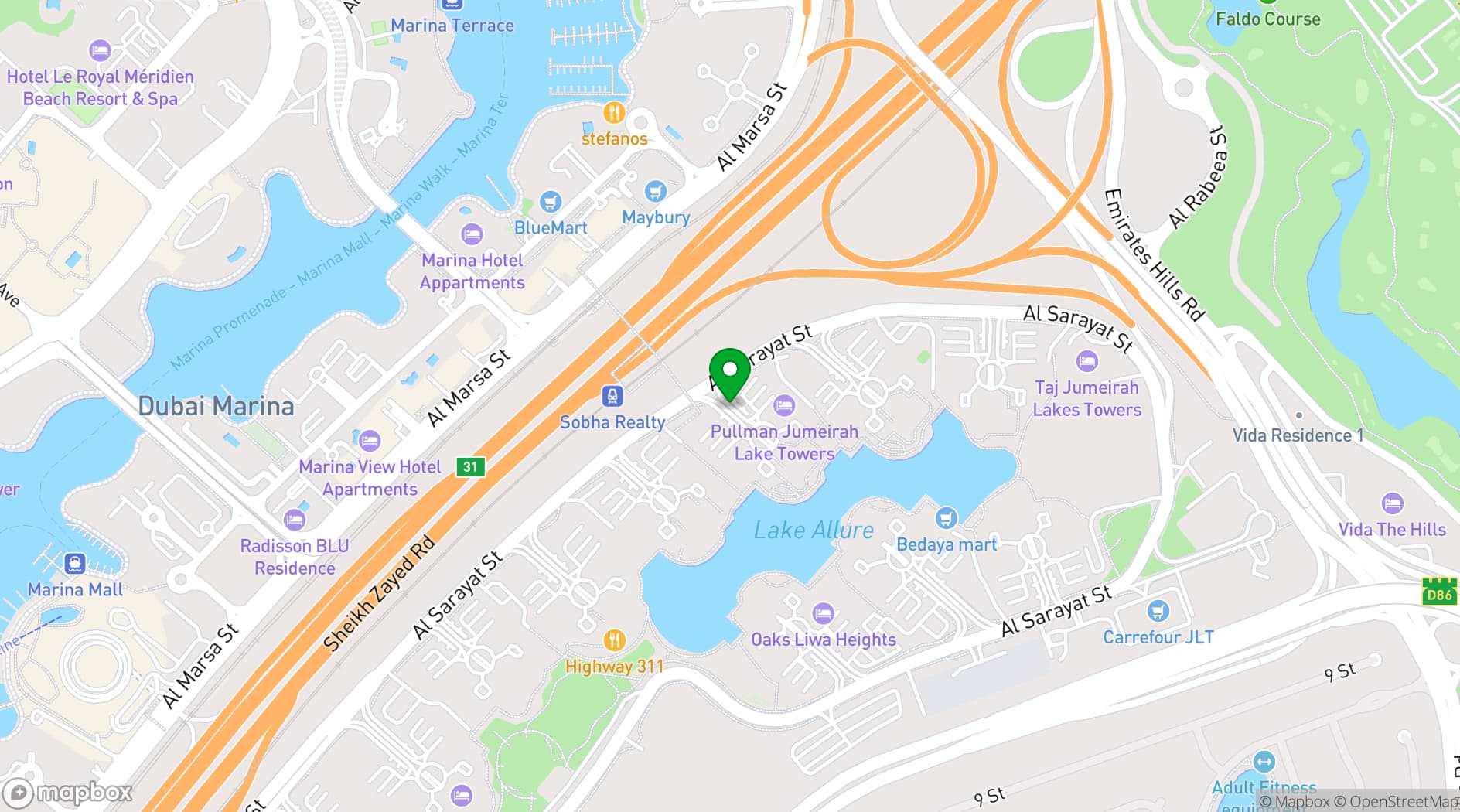 Map showing Pullman Dubai Jumeirah Lakes Towers