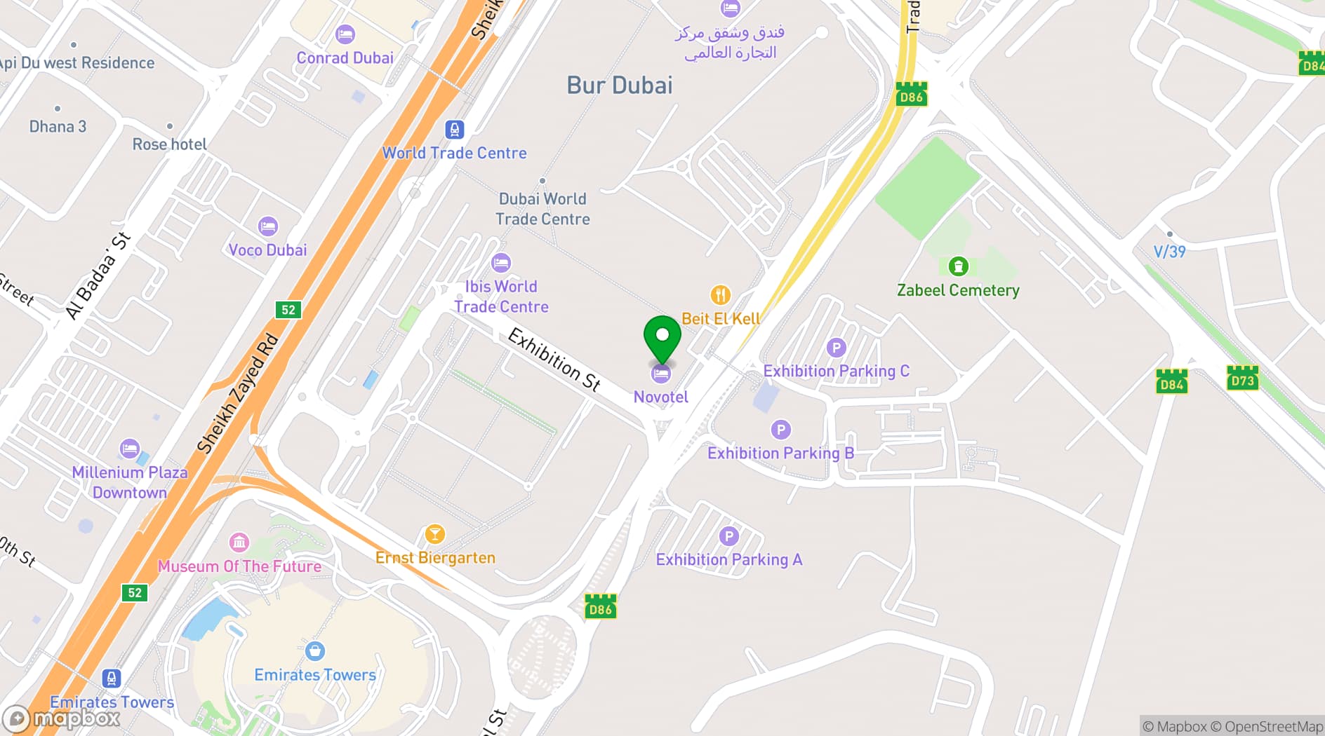 Map showing Novotel World Trade Centre Dubai