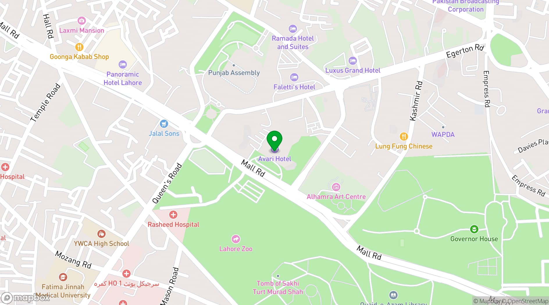 Map showing Avari Hotel Lahore
