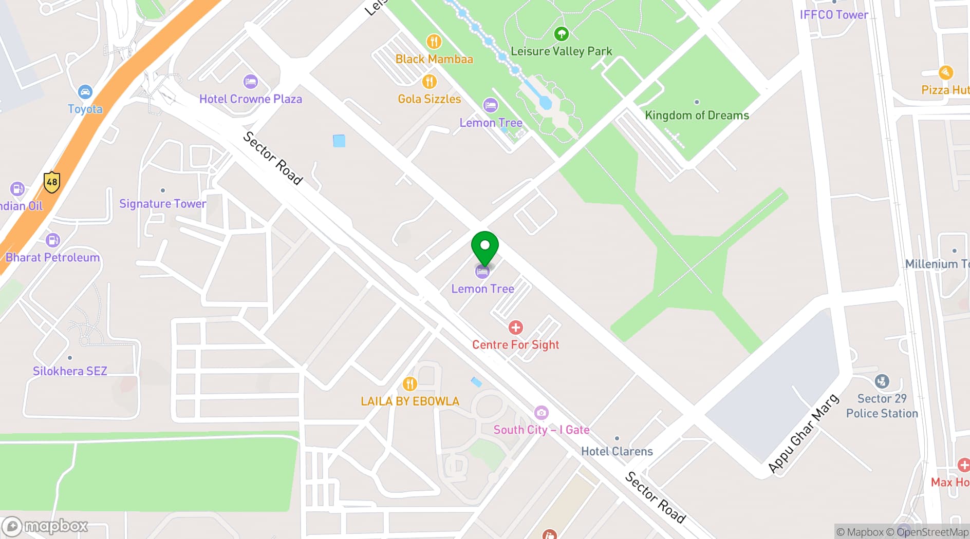 Map showing Lemon Tree Premier Gurgaon