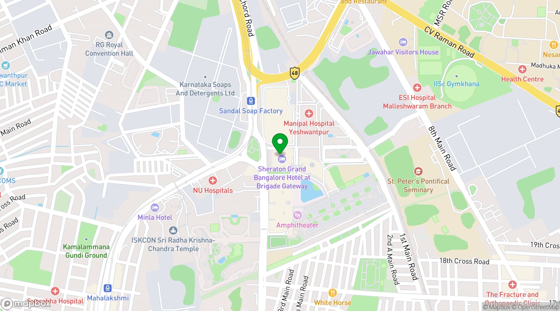 Map showing Sheraton Grand Bangalore Hotel at Brigade Gateway