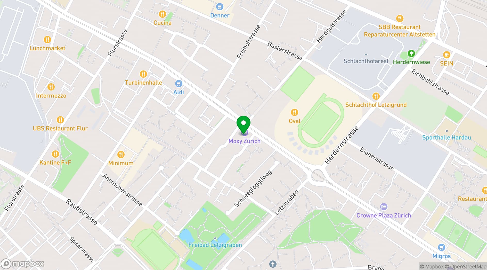 Map showing H+ Hotel Zürich