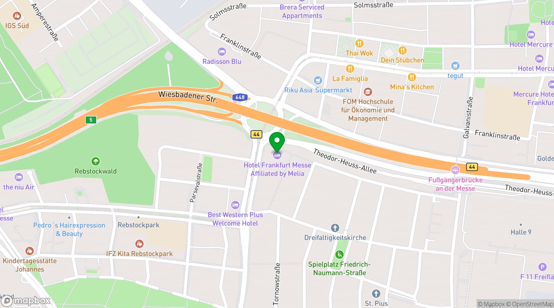 Map showing Hotel Frankfurt Messe Affiliated by Meliá