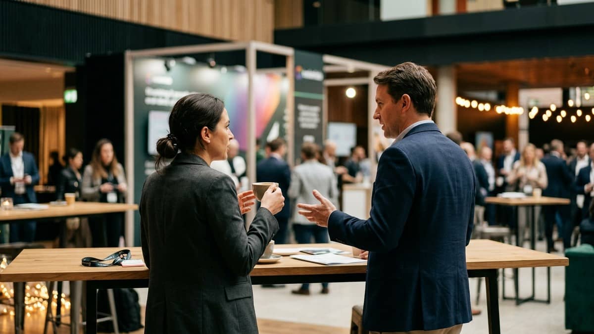 Two professionals in conversation at a high table on a modern corporate event floor, one holding coffee, blurred exhibition booth in the background