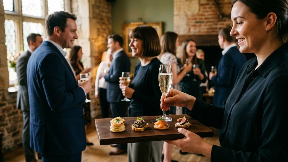 A tray of a few simple canapes and a glass of sparkling wine offered to guests at an event, warm side light