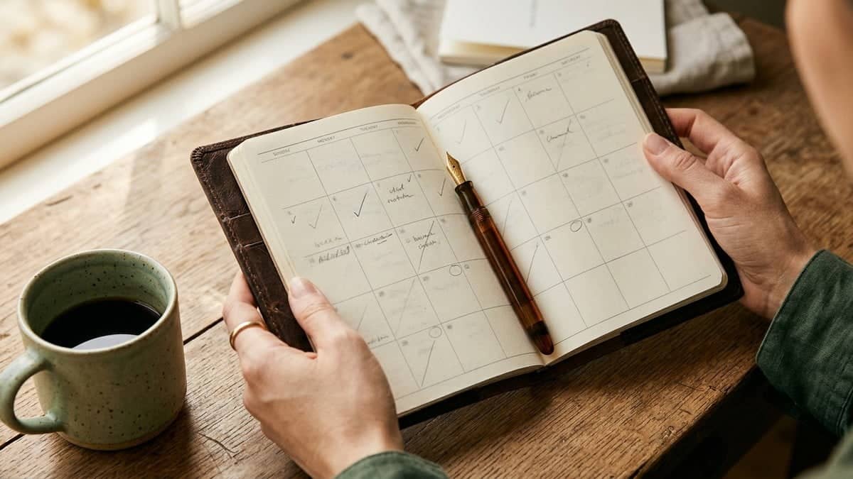 Hands reviewing dates in a leather-bound desk diary with a fountain pen and a coffee cup, in soft natural light from a side window