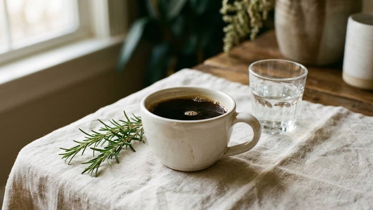 A single white ceramic cup of black coffee on a pale linen tablecloth with a sprig of rosemary and a small glass of water beside it, in soft natural daylight