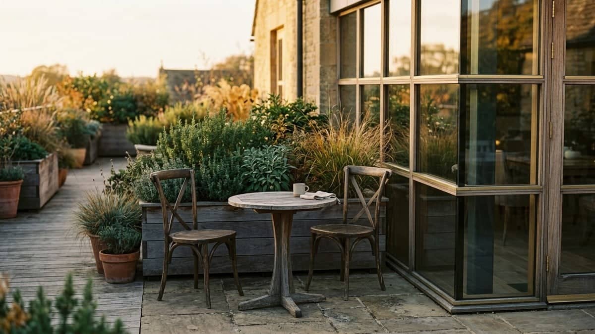 A quiet courtyard breakout space at a UK event venue in late afternoon golden hour, with wooden planters, herbs and two empty bistro chairs