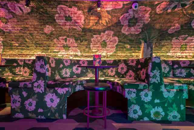 Vibrant lounge at Blame Gloria, floral seating for networking events and gatherings.