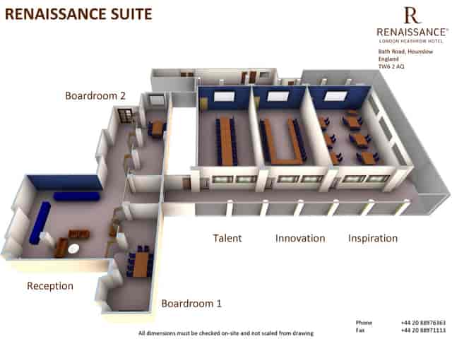 Renaissance London Heathrow boardroom layout for corporate events, featuring three meeting rooms.