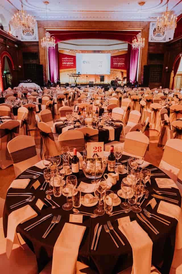 Elegant banquet hall setup in Porchester Hall for corporate events and celebrations.
