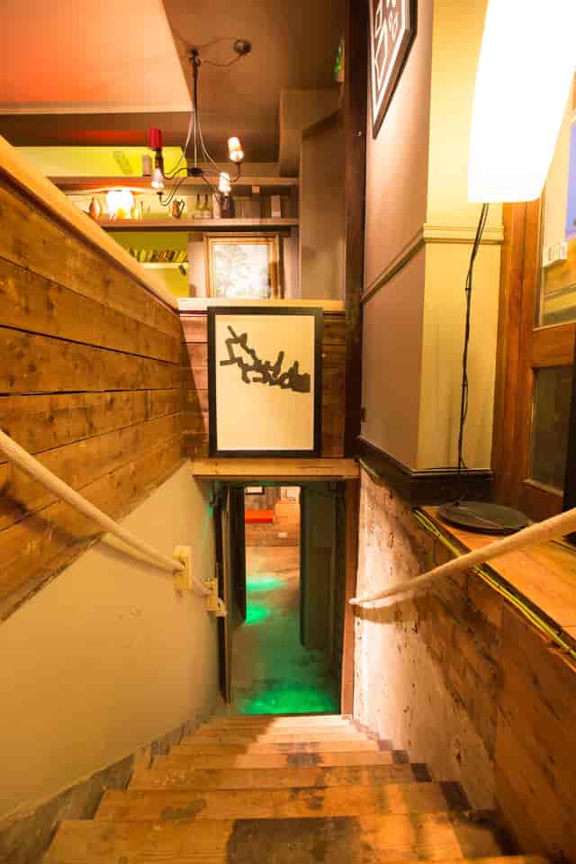Steep, narrow staircase at The Crown and Sceptre pub; accessibility issue for event venue planning.