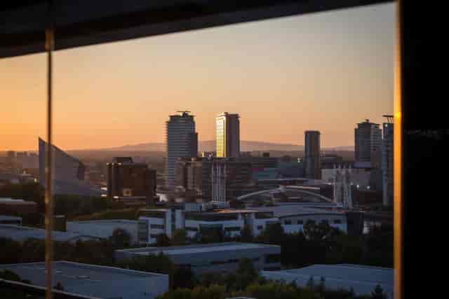 Stunning urban skyline at sunset from Heaven, Hotel Football, ideal for events and receptions.