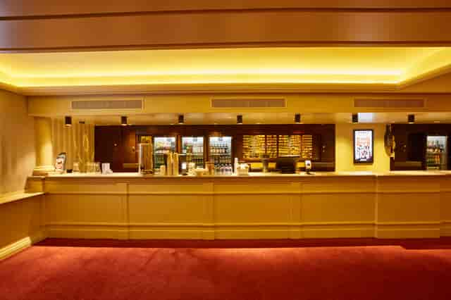 Val Parnell Bar at London Palladium, sleek counter, event registration and refreshments.