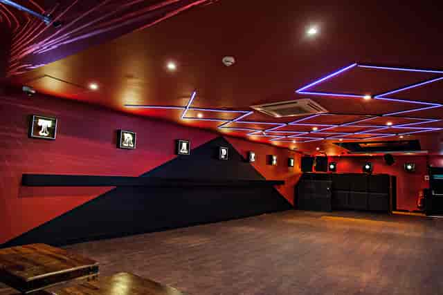 Modern event space at The Basement Club with dynamic lighting for social gatherings.
