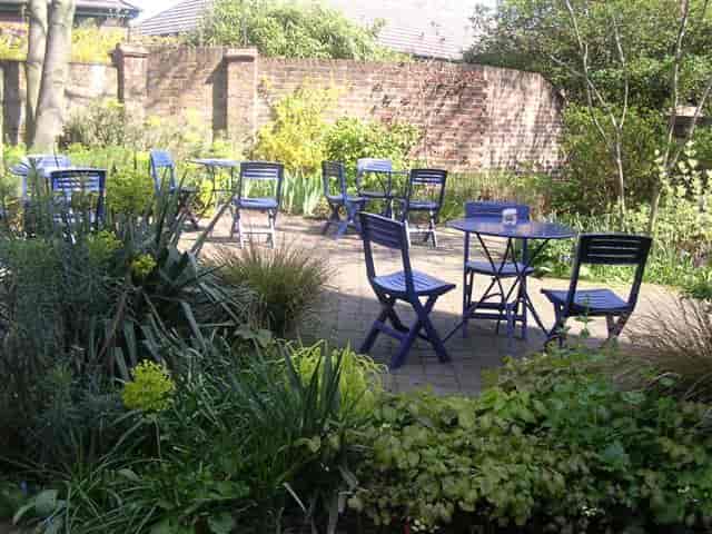 Charming outdoor venue with blue furniture for casual meetings and networking events.