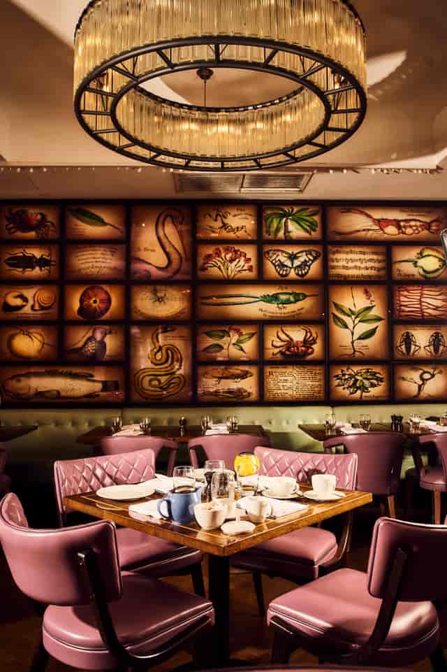 Vibrant dining room with botanical art, perfect for unique events and gatherings.
